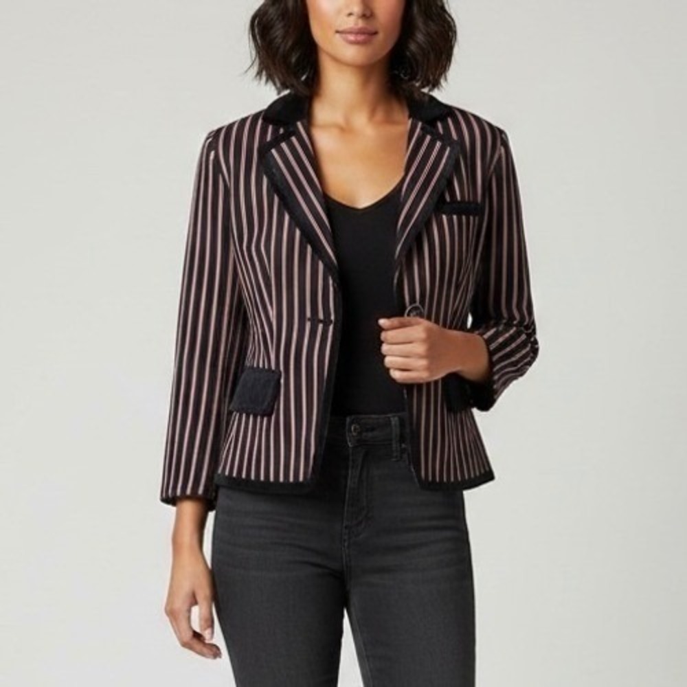 Essentiel Antwerp Striped Wool Blend Blazer Velvet Trim Navy Red Size EU 38 US 8